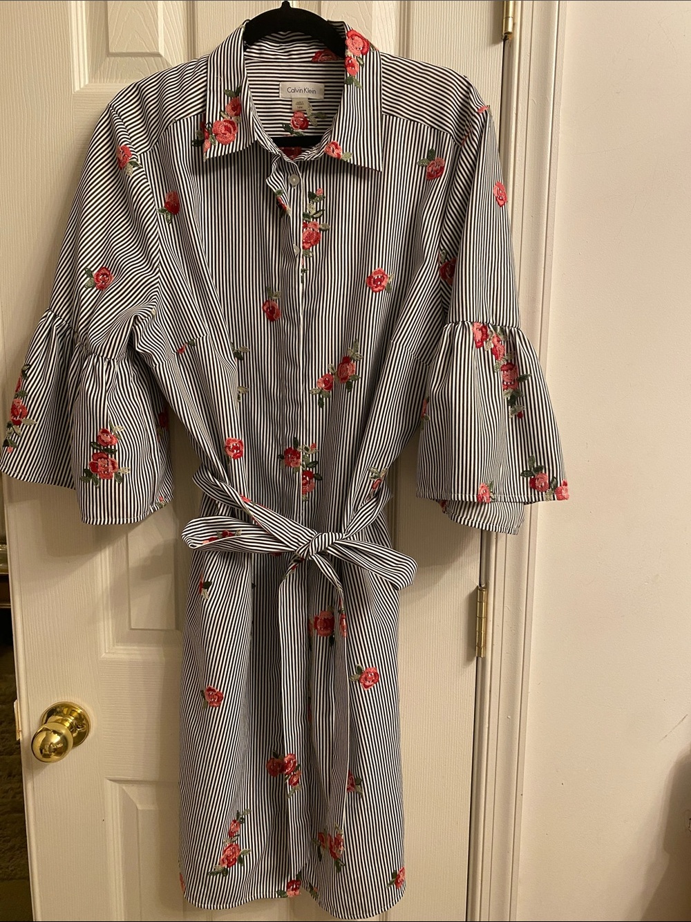 Calvin Klein Striped Midi Shirt Dress with Pink Floral Print